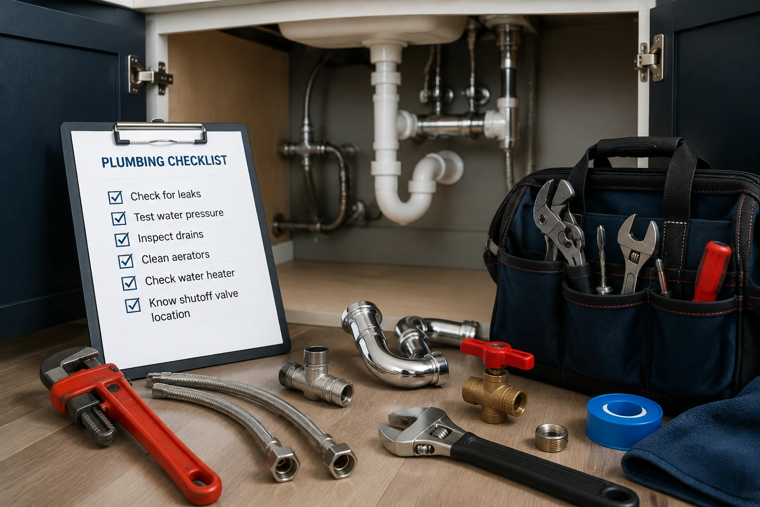 Under-sink plumbing repair setup with pipes, plumbing tools, repair checklist, and maintenance equipment for common household plumbing problems.