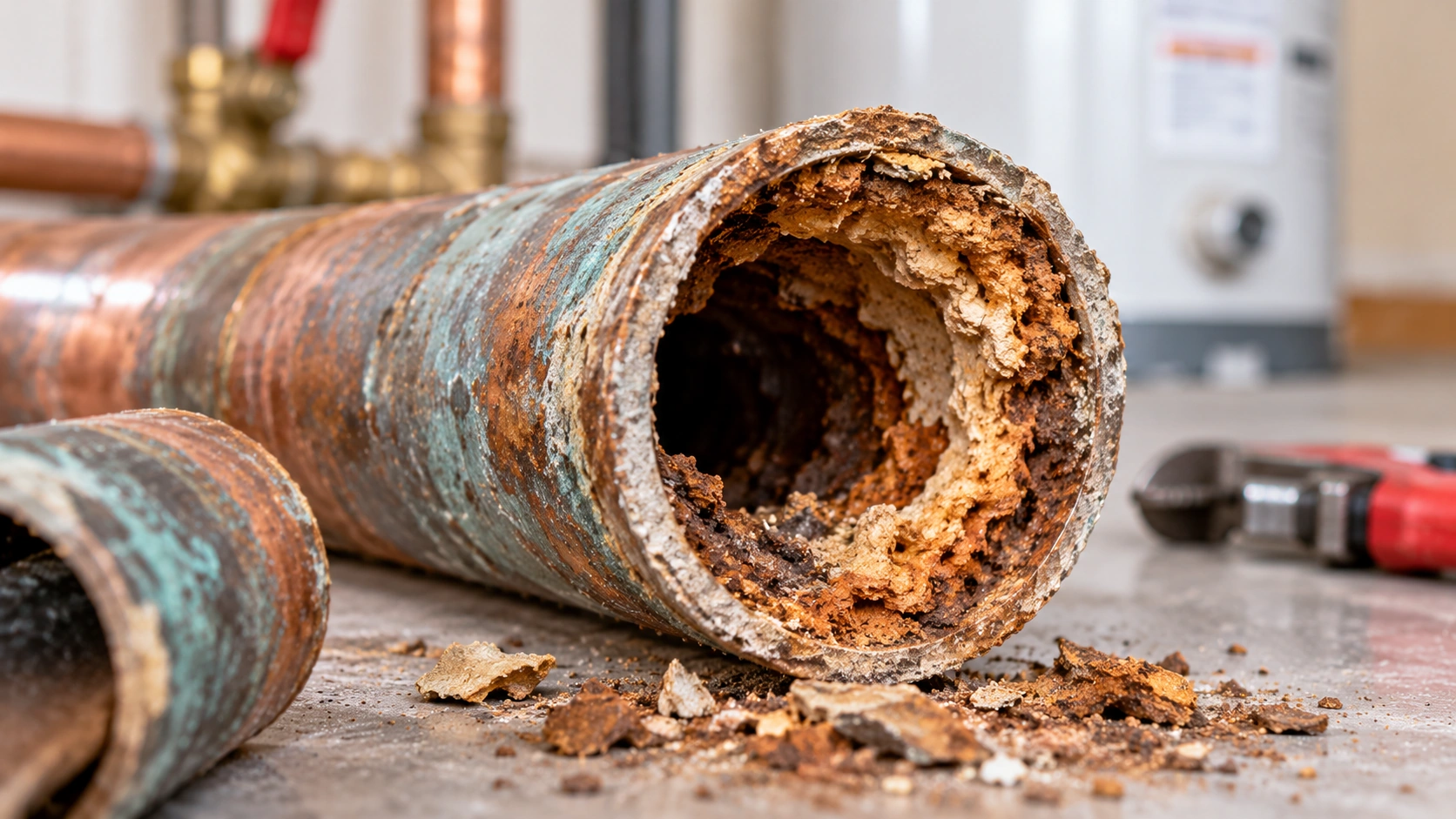 Corroded pipe interior showing severe buildup that restricts water flow