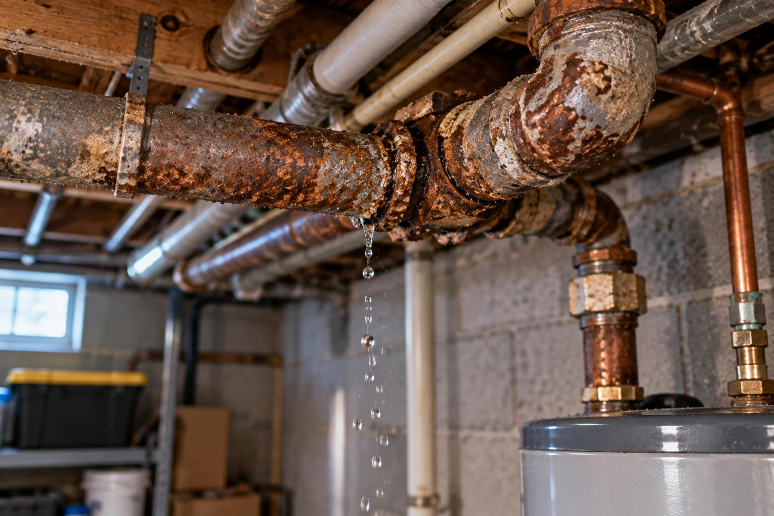 Aging rusted basement pipes leaking from an old joint