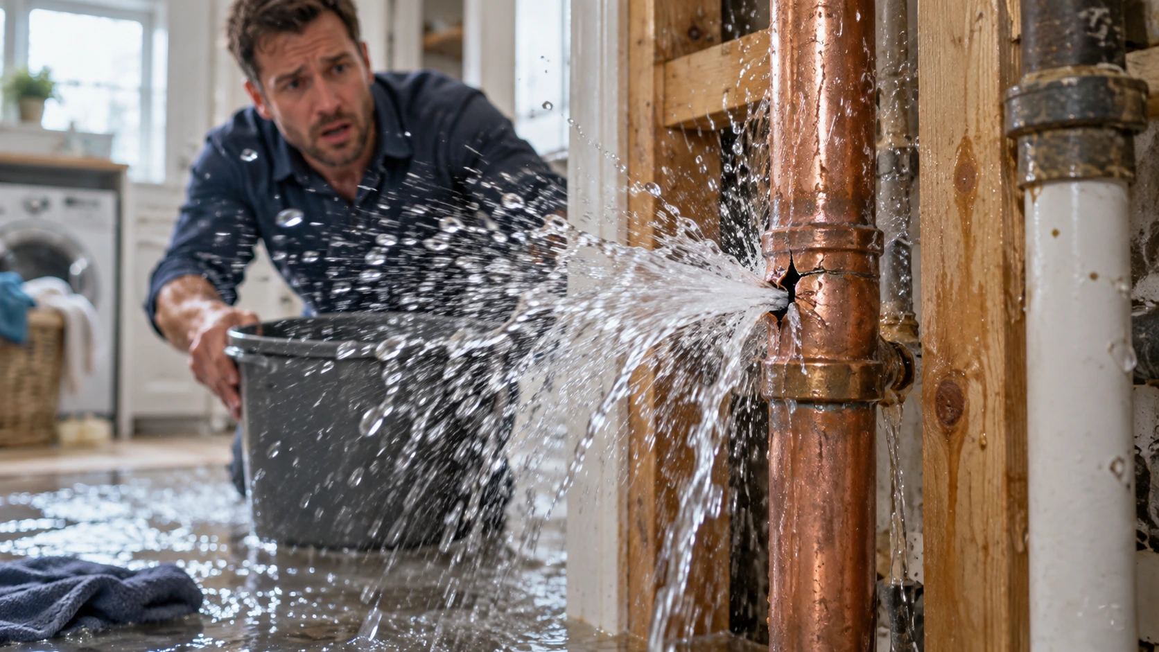Burst copper pipe spraying water inside a home