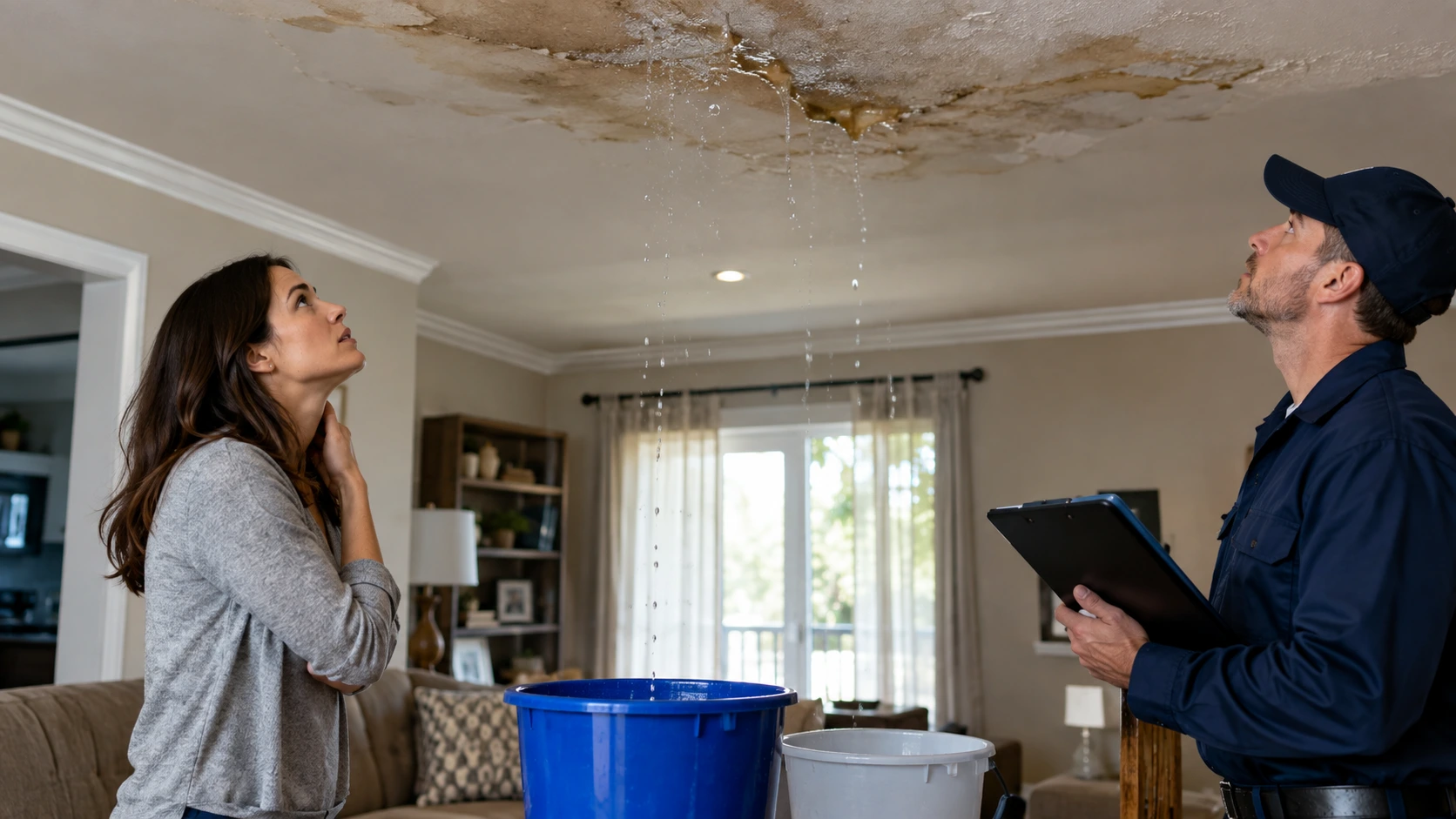 Water dripping through a damaged ceiling while a plumber inspects the leak