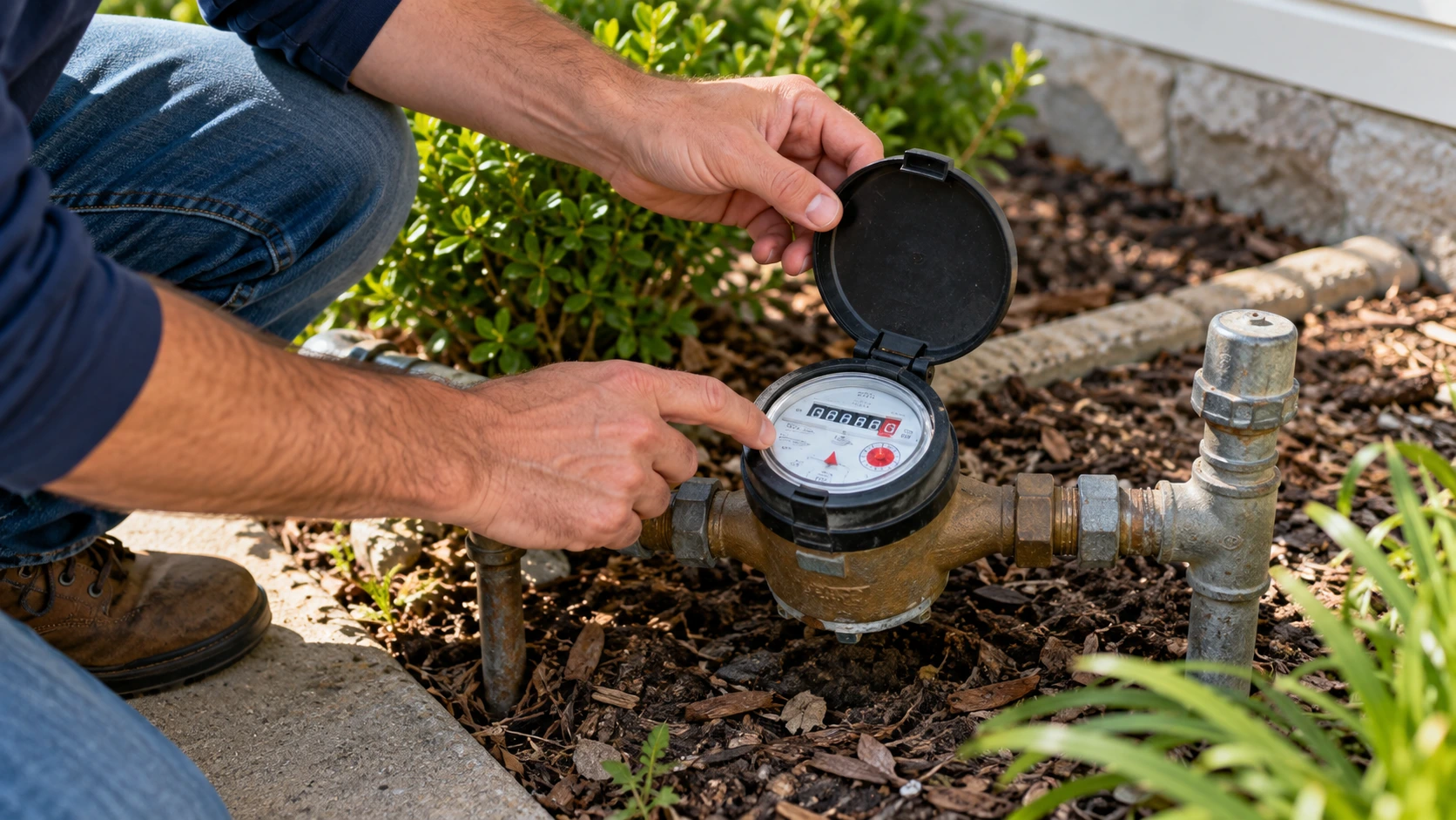 Person checking a residential water meter outside the home