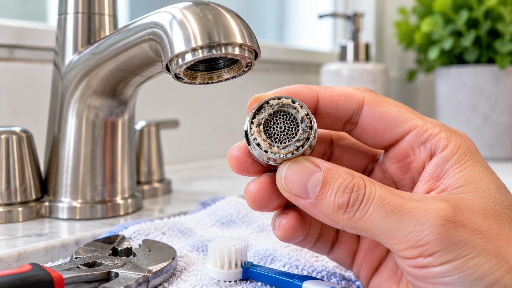 Clogged faucet aerator with mineral buildup restricting water flow