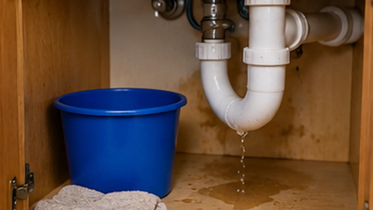 Plumbing beneath a sink showing a common hidden leak location