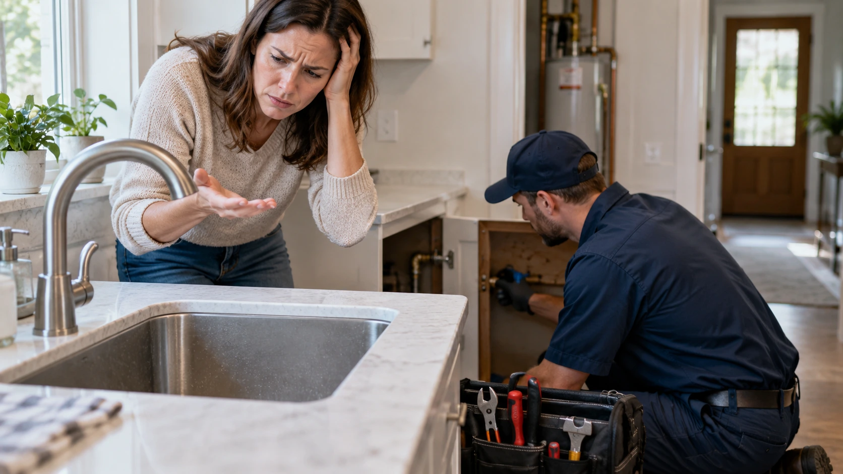 Homeowner and plumber investigating complete loss of water at a kitchen sink