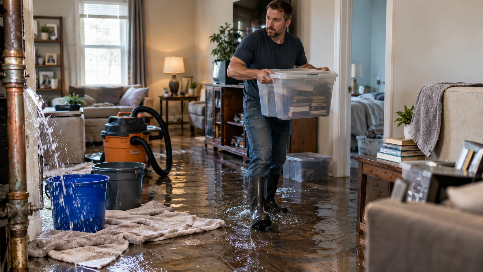 Homeowner moving belongings and using buckets during cleanup after a burst pipe
