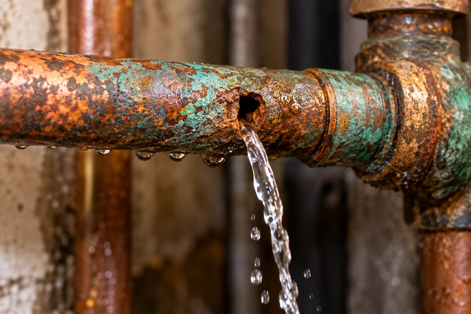 Corroded metal plumbing pipe with visible rust and leakage in a basement utility area