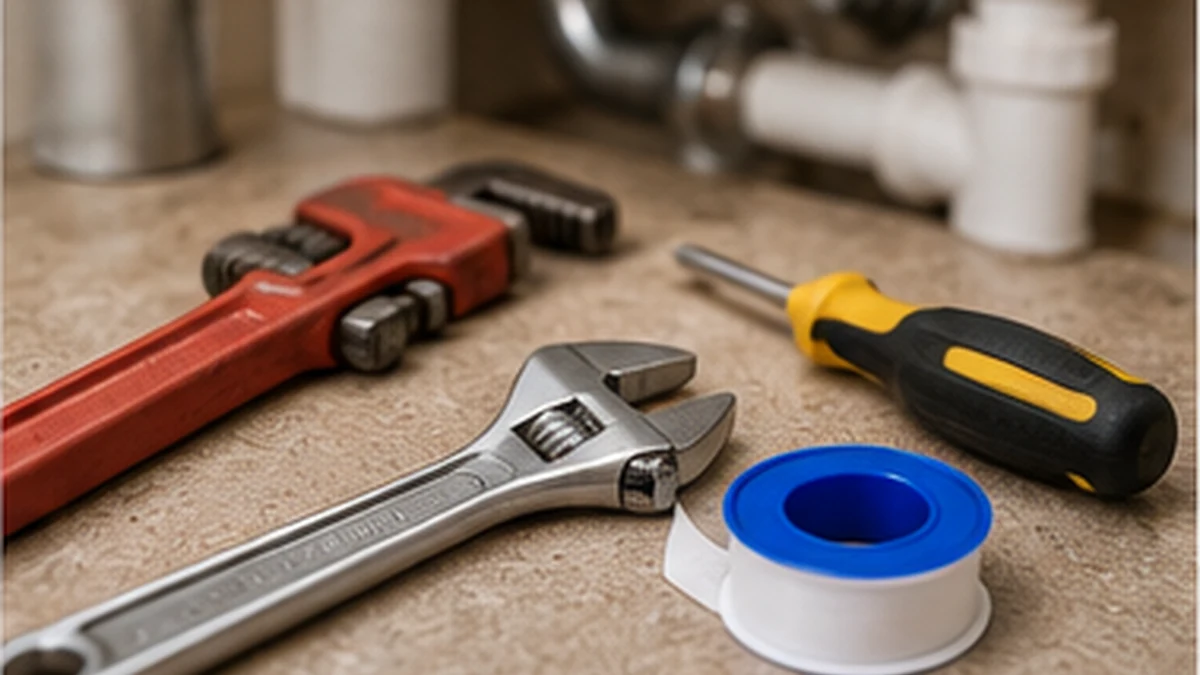 Plumbing repair tools beside household pipes under a sink