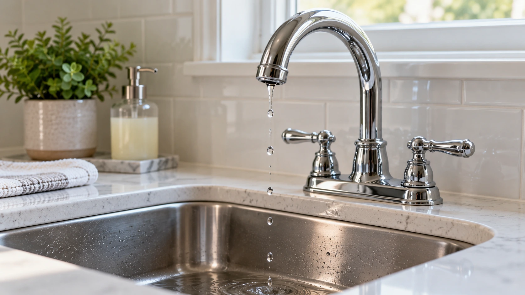 Dripping faucet over a clean sink in a bright kitchen