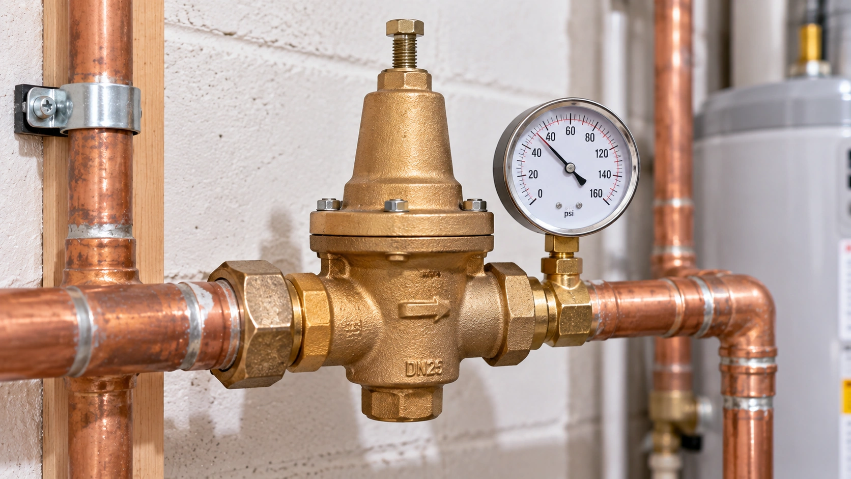 Residential pressure reducing valve and water pressure gauge on copper pipes