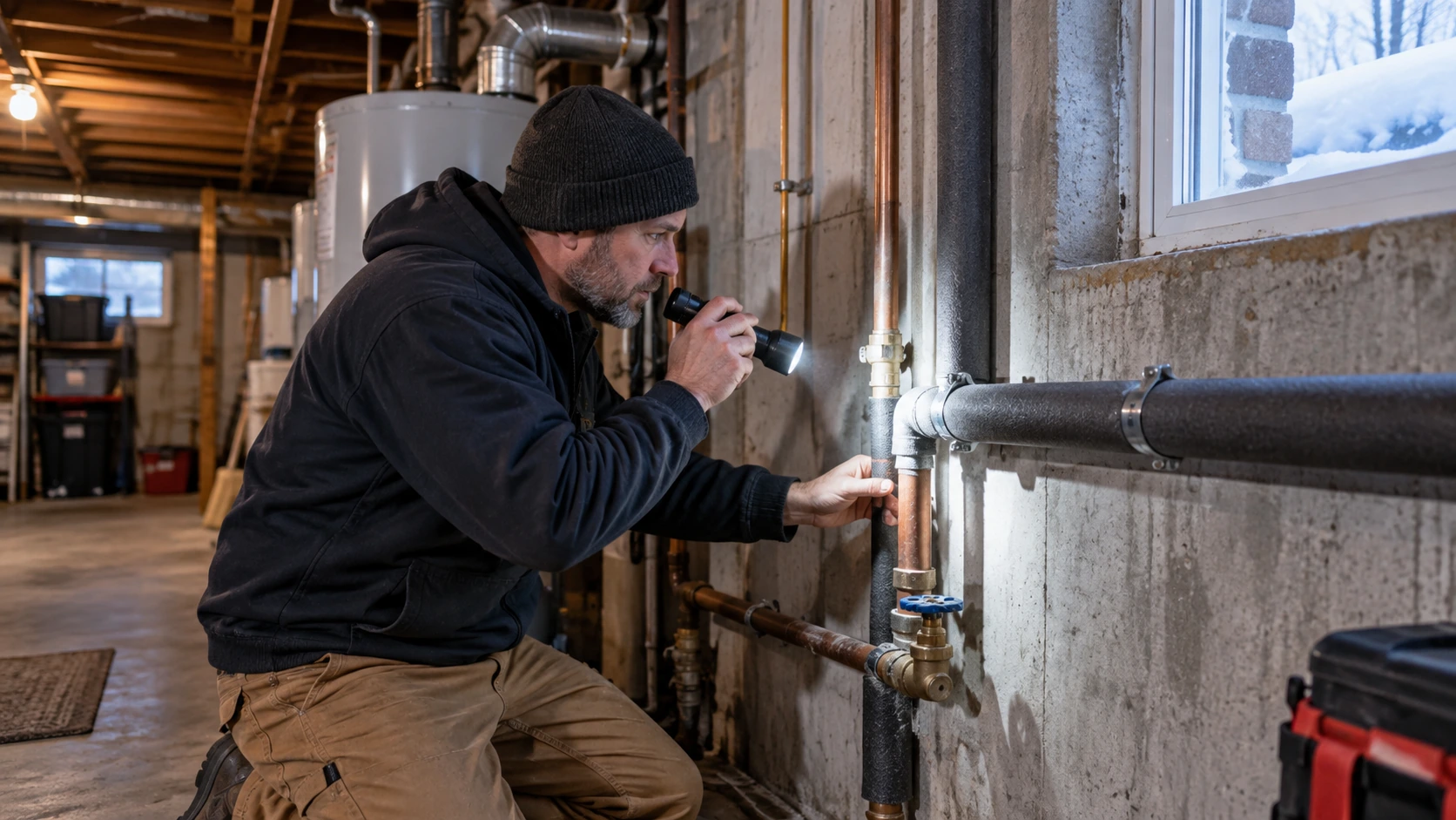Plumber inspecting vulnerable basement pipes before freezing weather