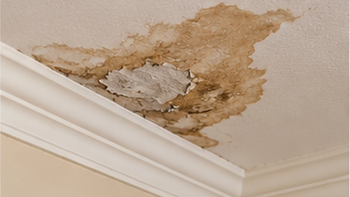 Ceiling water damage caused by an unresolved hidden plumbing leak