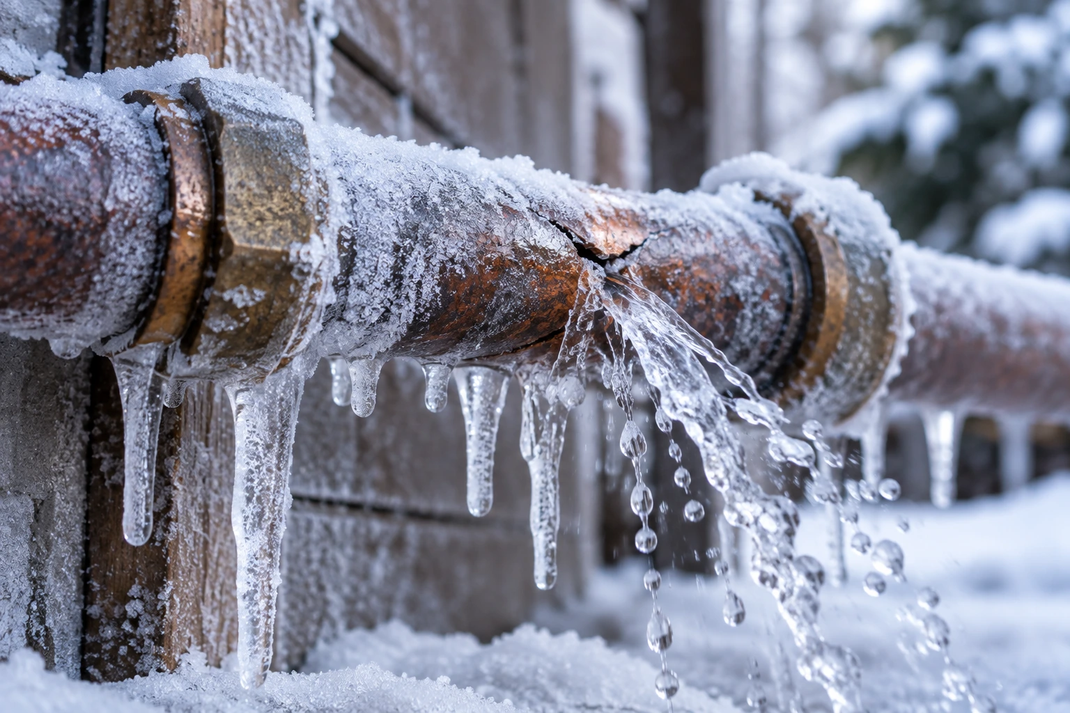 Frozen outdoor water pipe with ice buildup and winter damage