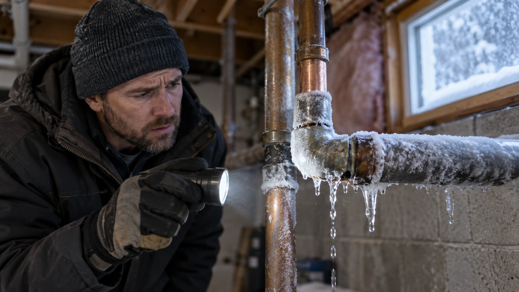 Plumber inspecting a frozen pipe with ice buildup and an active leak