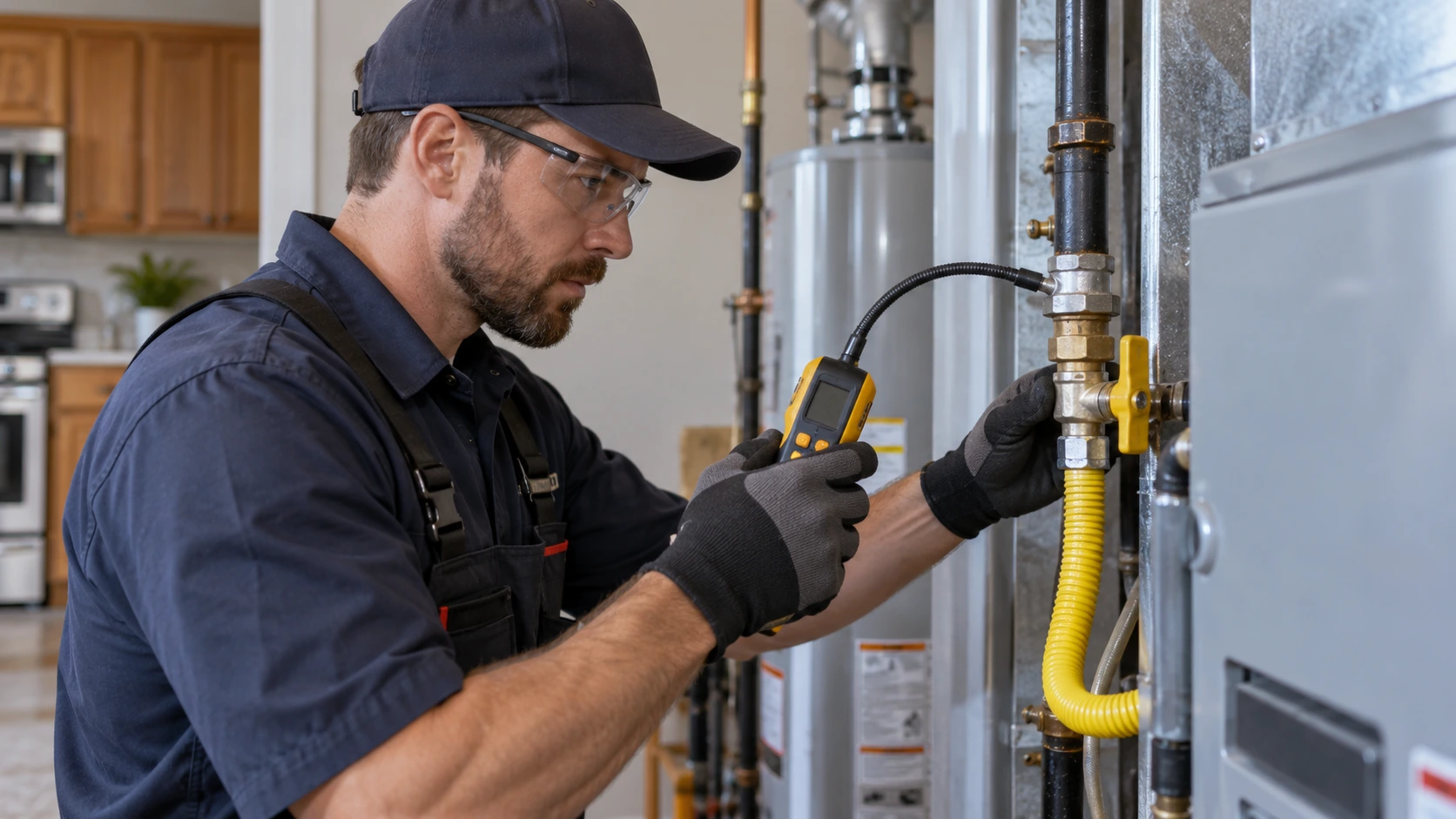 Plumber checking a residential gas line with leak detection equipment
