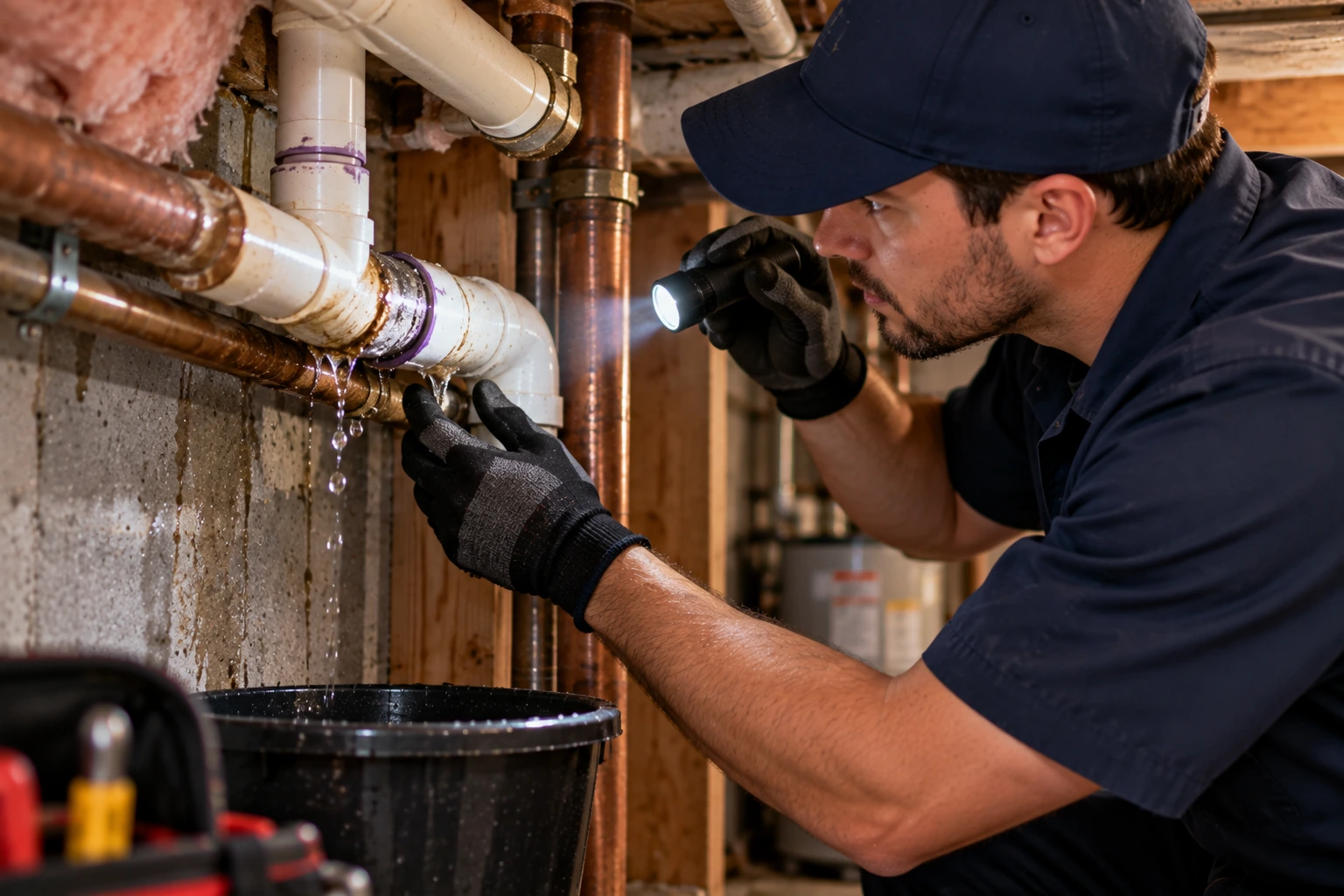 Plumber using a flashlight to inspect a hidden leak behind exposed pipes