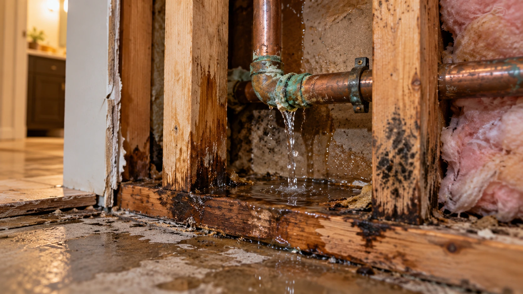 Hidden leaking pipe inside a damaged wall cavity