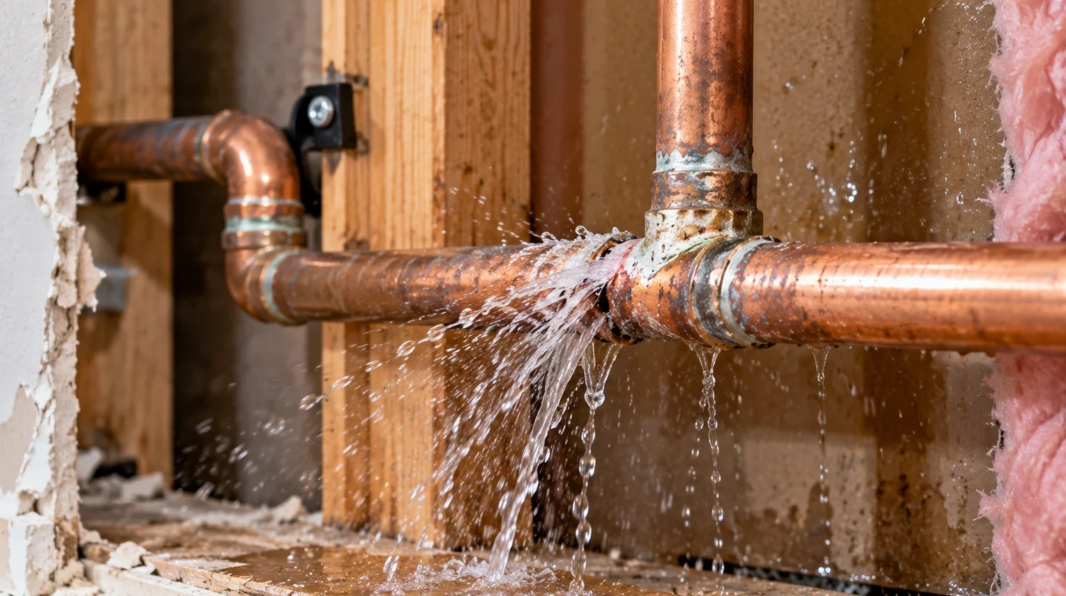 Leaking copper pipe spraying water from a hidden plumbing failure