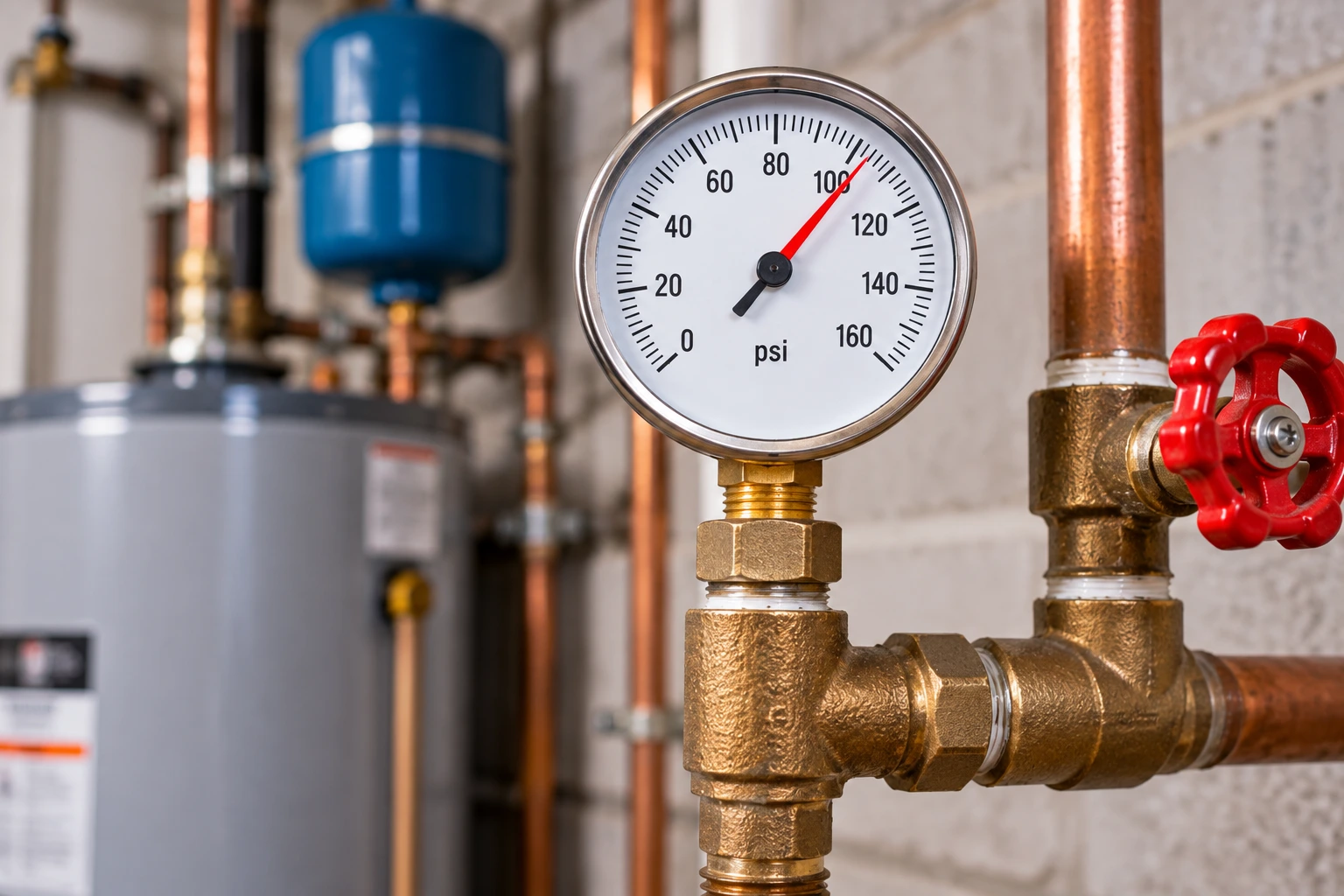 Water pressure gauge beside residential plumbing system in a utility room