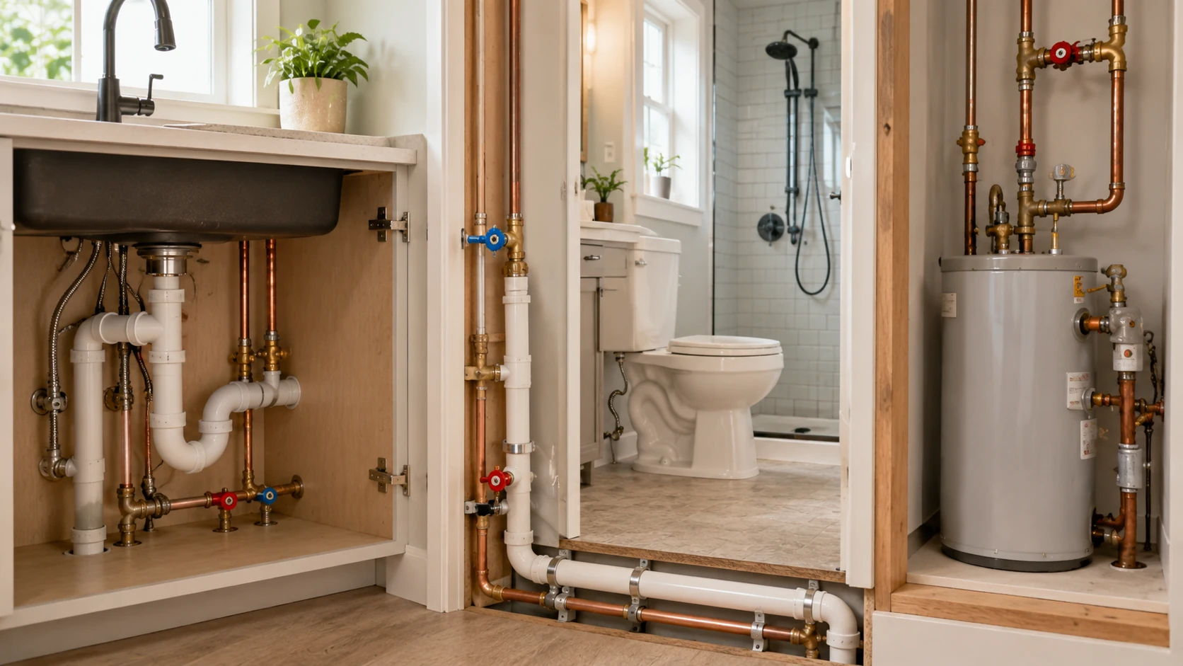 Residential plumbing components including shutoff valves, supply pipes, drain pipes, and fixtures