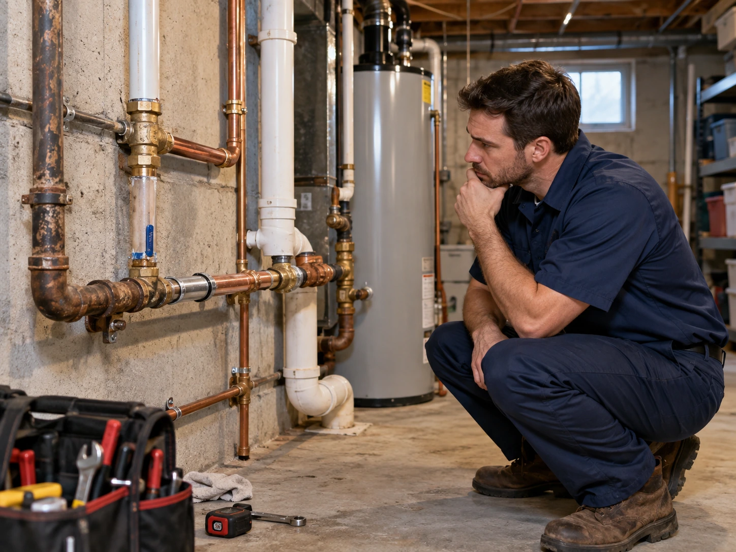 Plumber inspecting residential pipes in a basement to help prevent future leaks