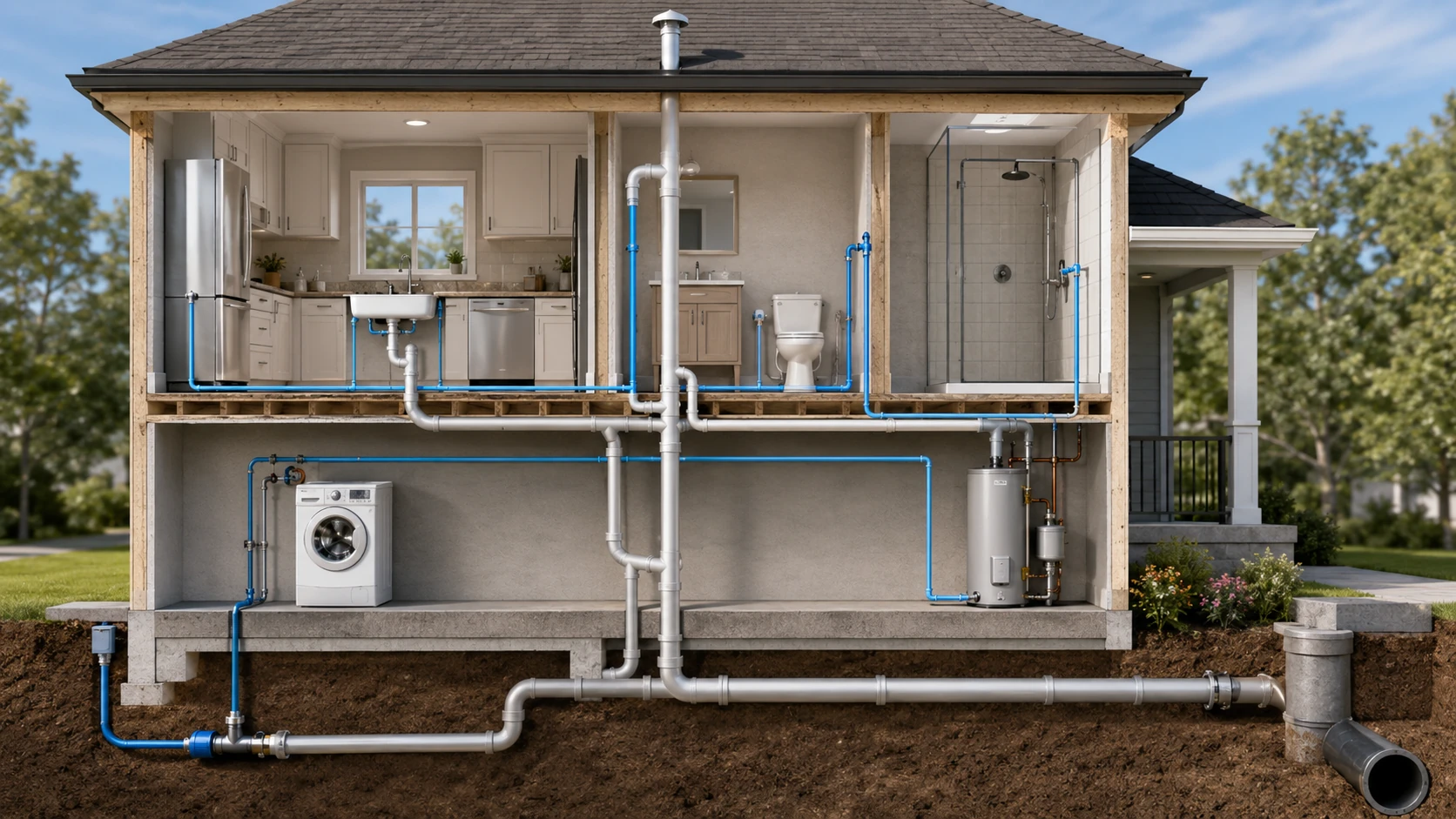 Diagram-style image of a house plumbing system showing water supply lines, drains, and vents
