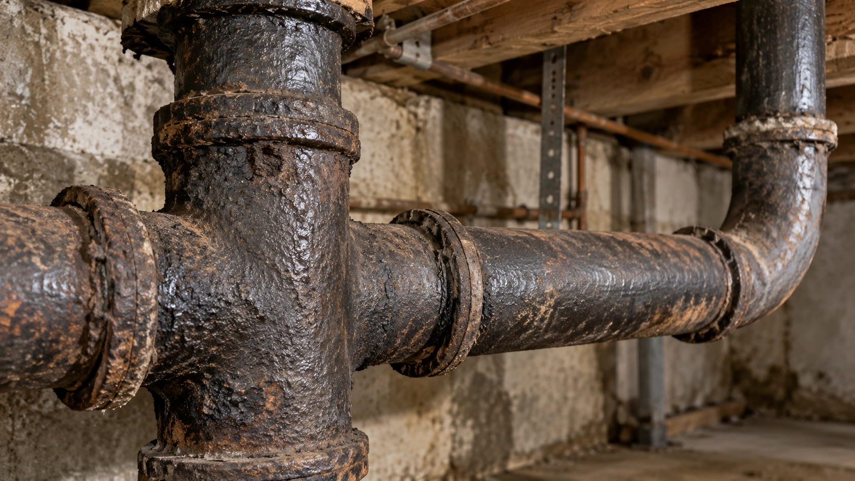 Old cast iron drain pipes with signs of corrosion