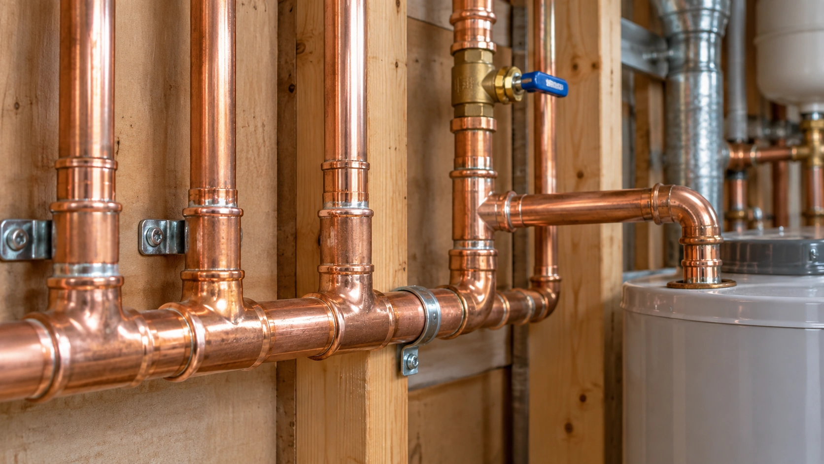 Copper plumbing pipes installed in a residential water system