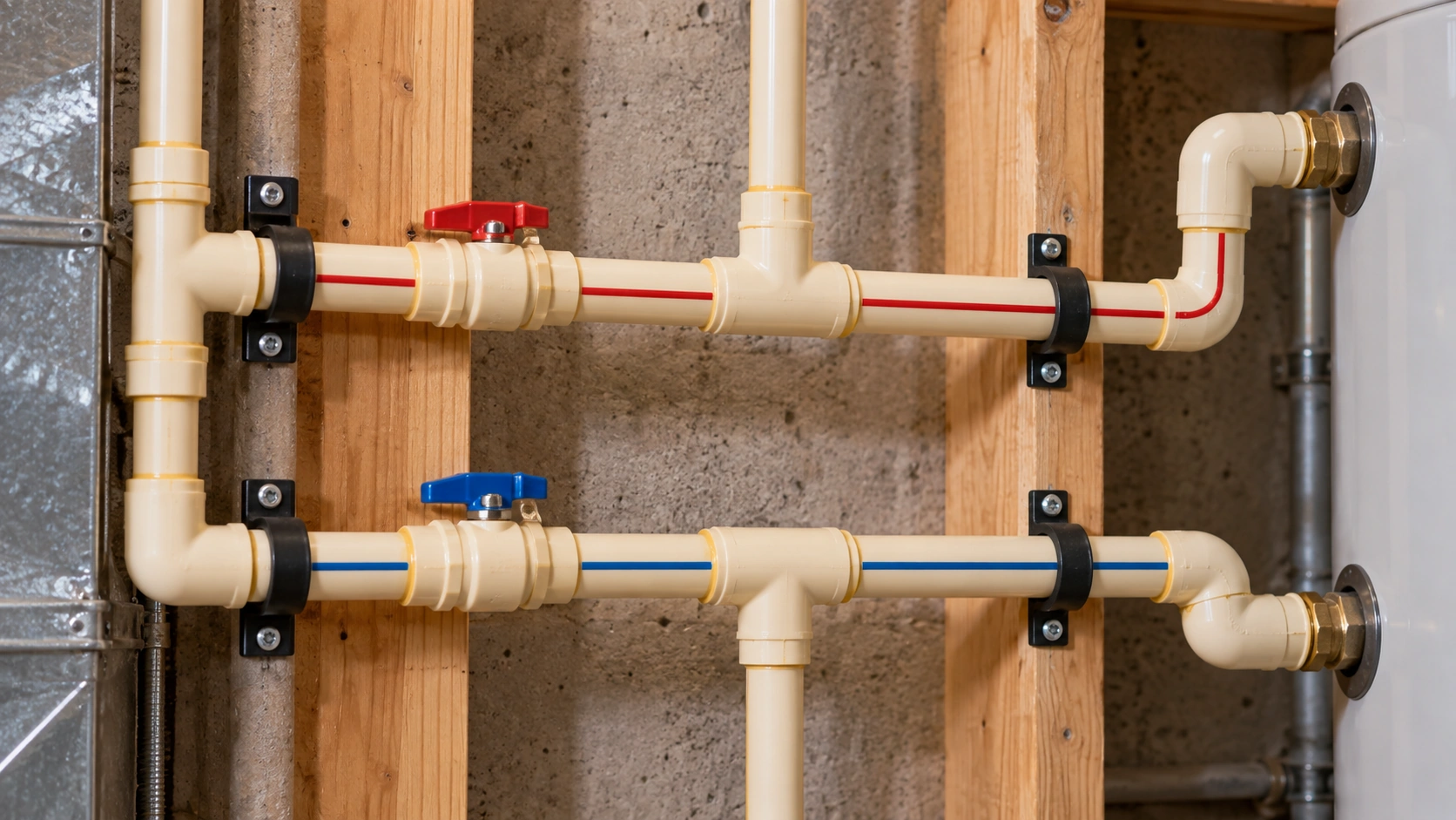 CPVC hot and cold water supply pipes in a home plumbing system