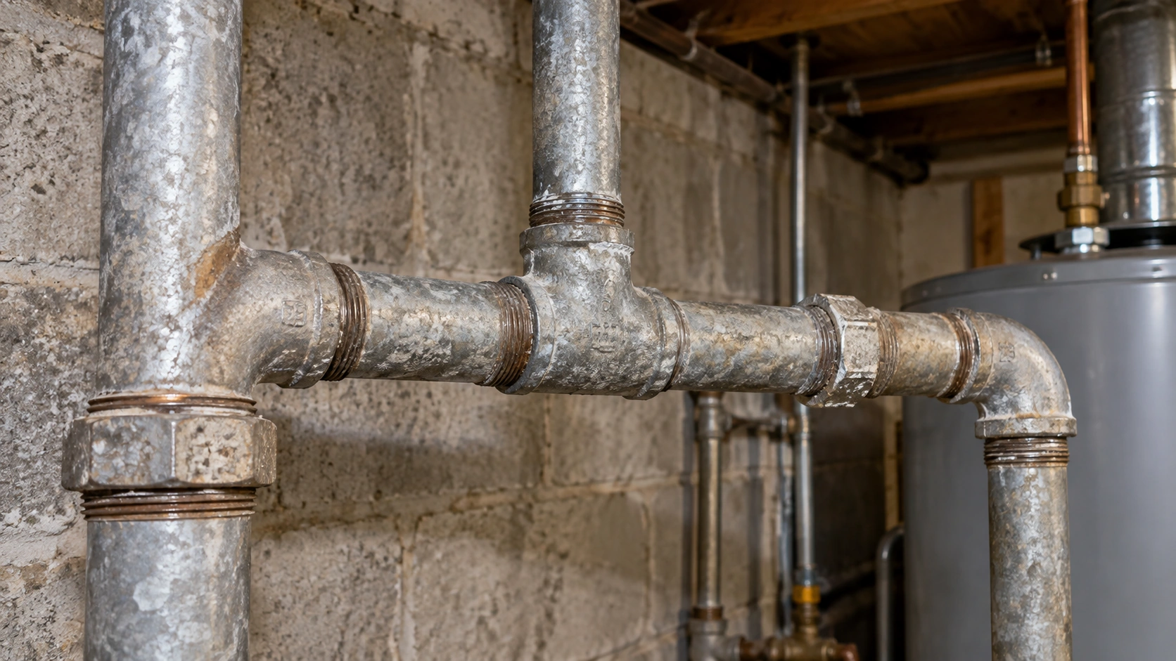 Old galvanized steel plumbing pipes showing aging and corrosion