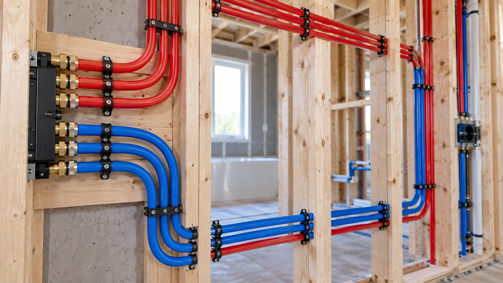 Red and blue PEX plumbing pipes installed inside a home