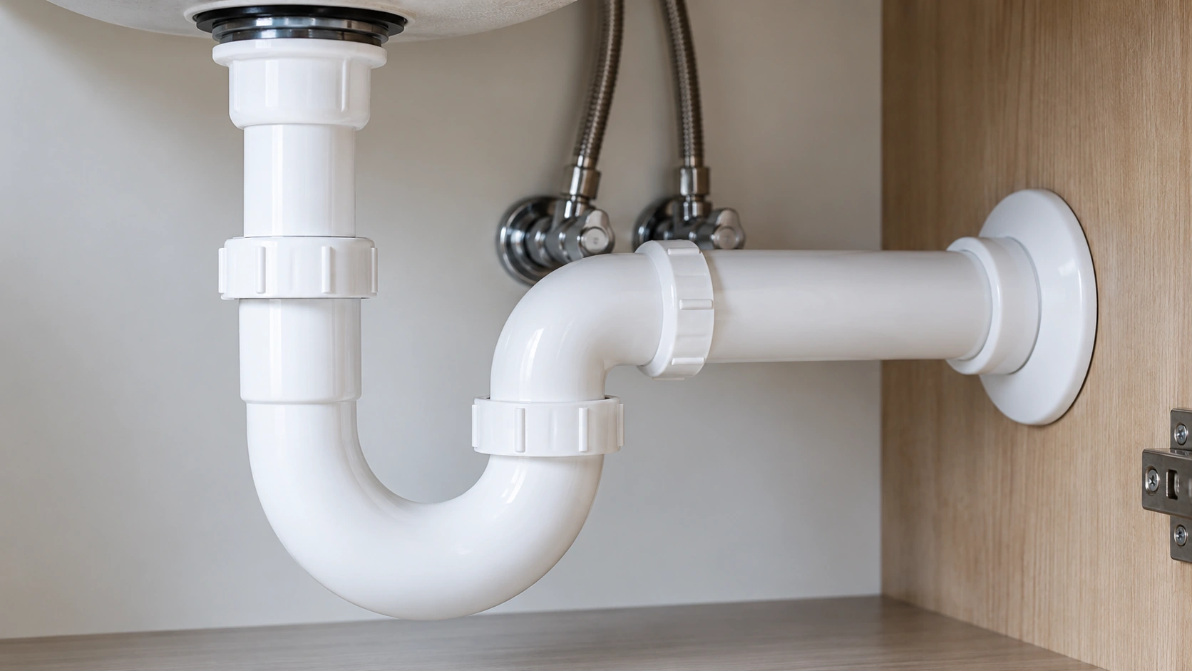 White PVC drainage pipes used in residential plumbing systems