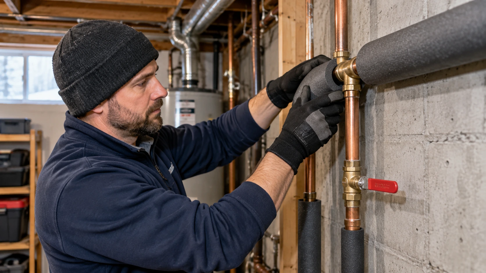 Plumber insulating exposed basement pipes to help prevent future burst pipes