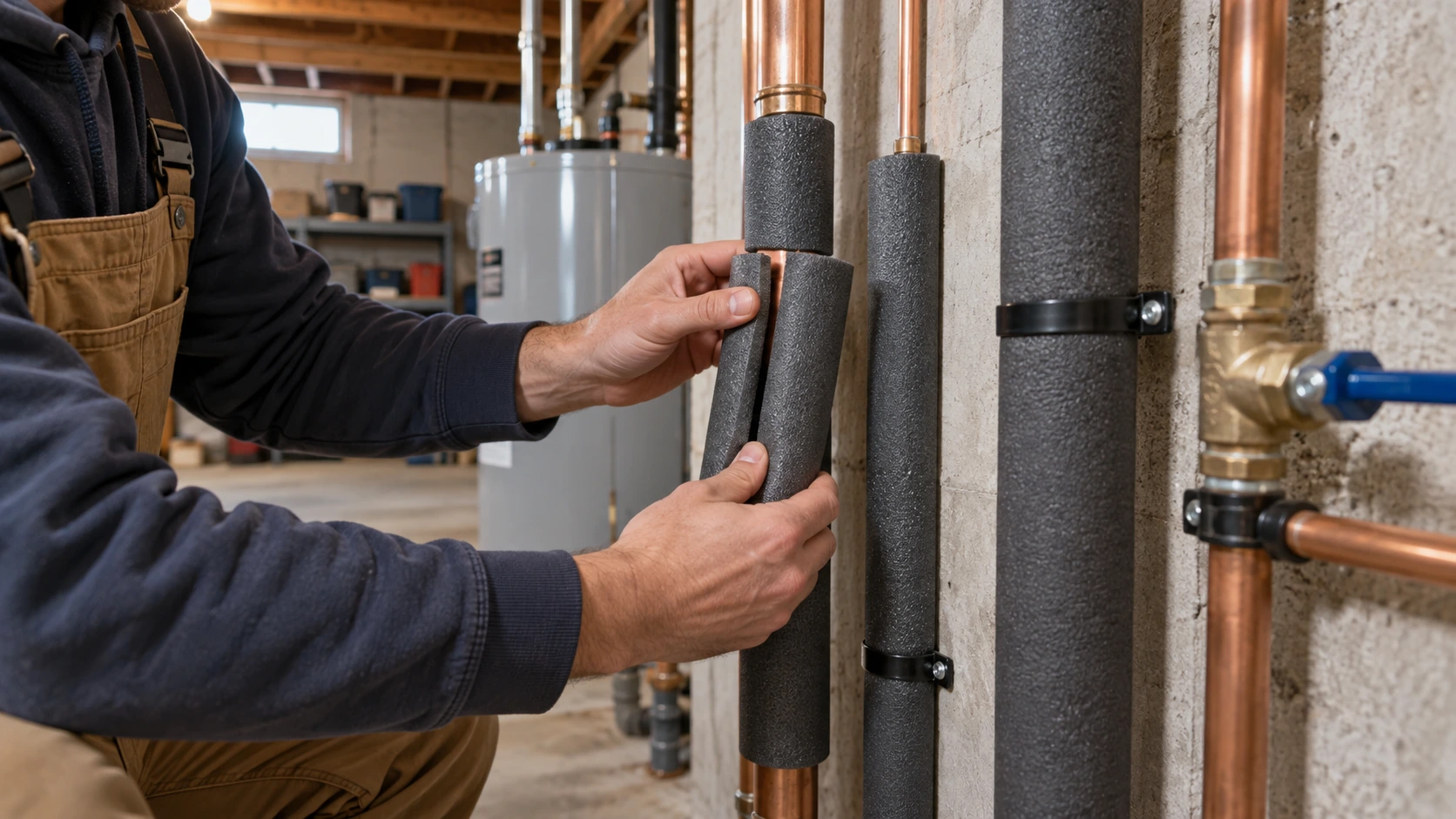 Installing foam insulation around exposed water pipes in a basement