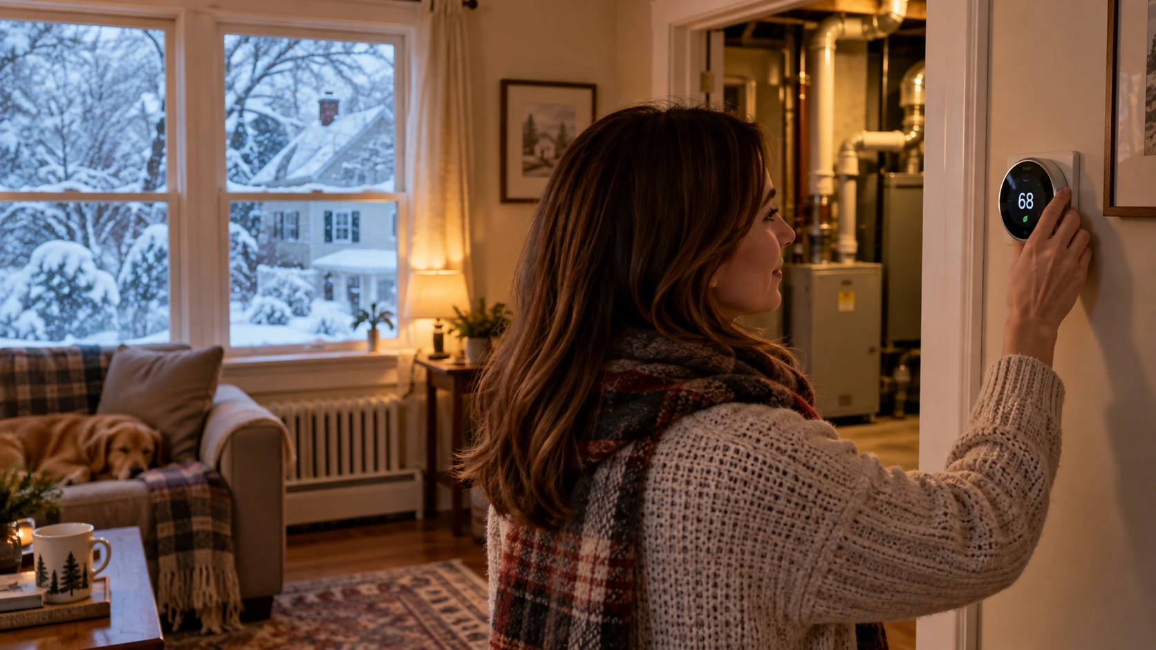 Homeowner adjusting thermostat during freezing Massachusetts weather
