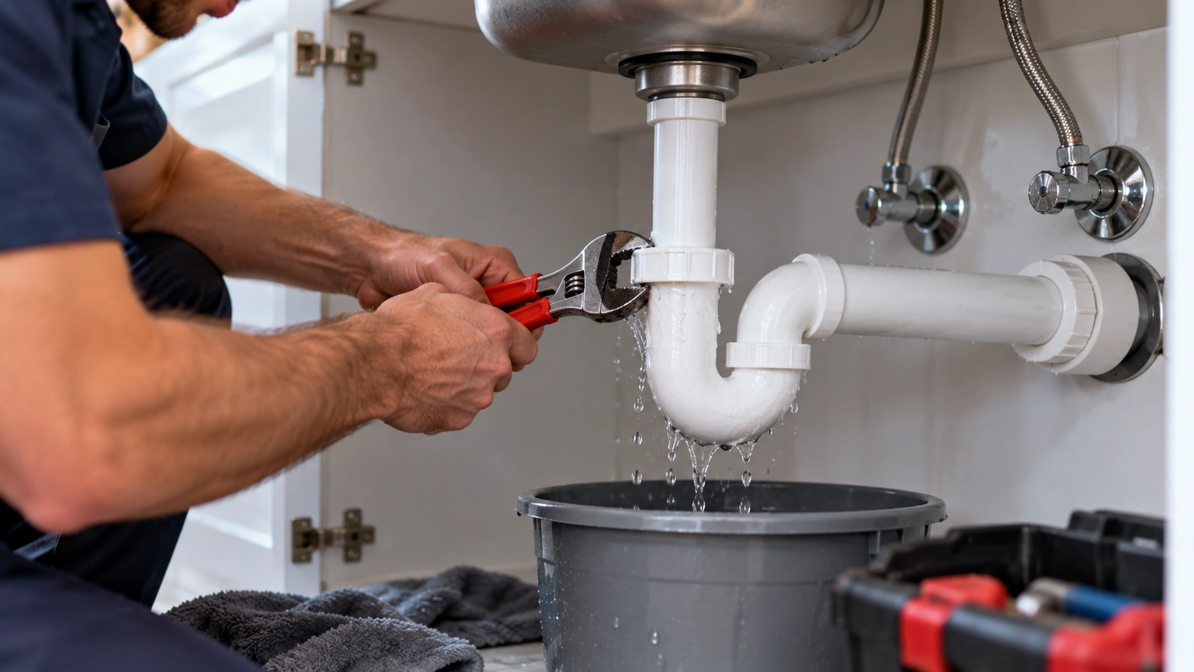 Kitchen faucet running water in a residential sink