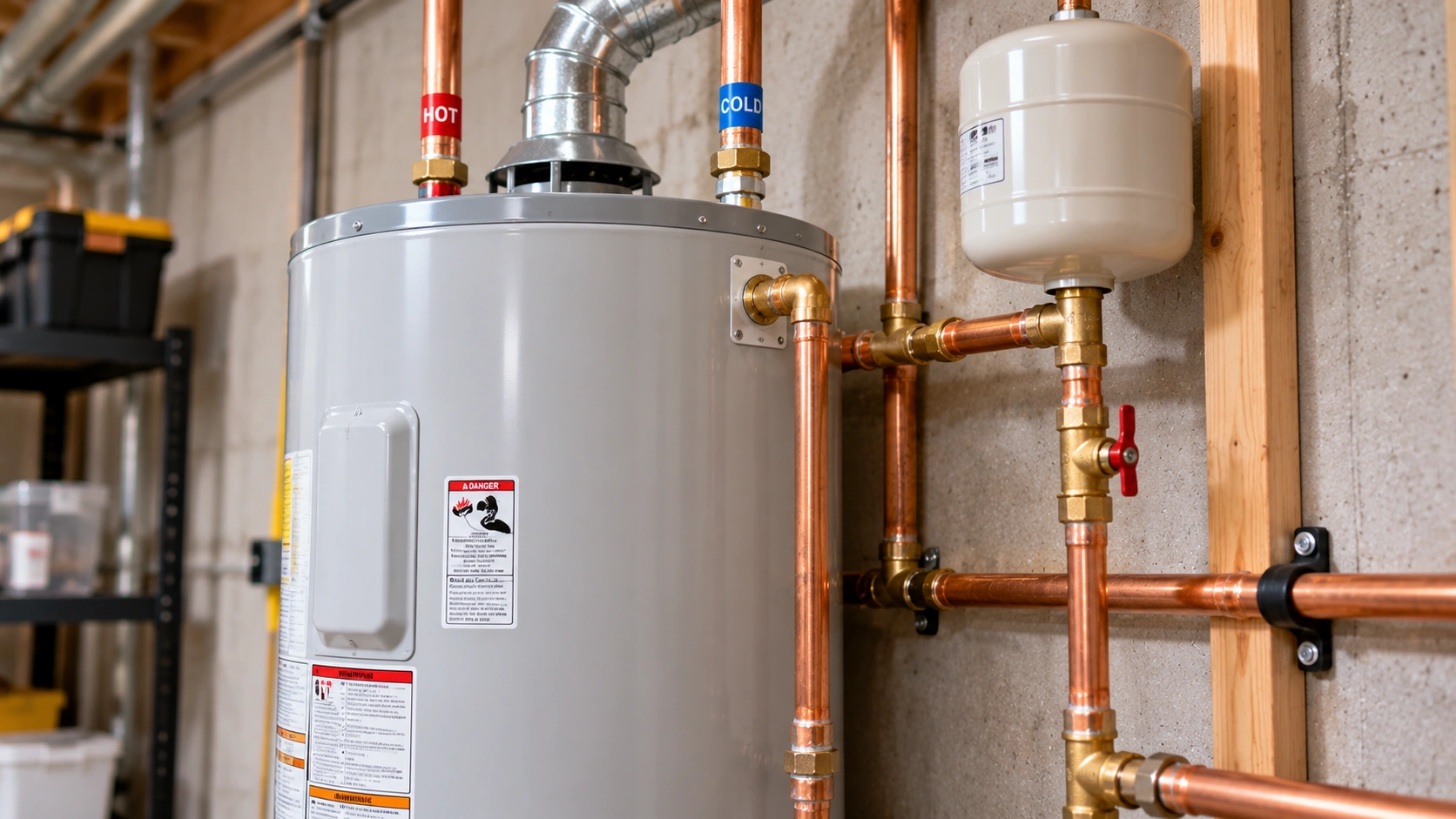 Residential water heater and connected hot water plumbing lines