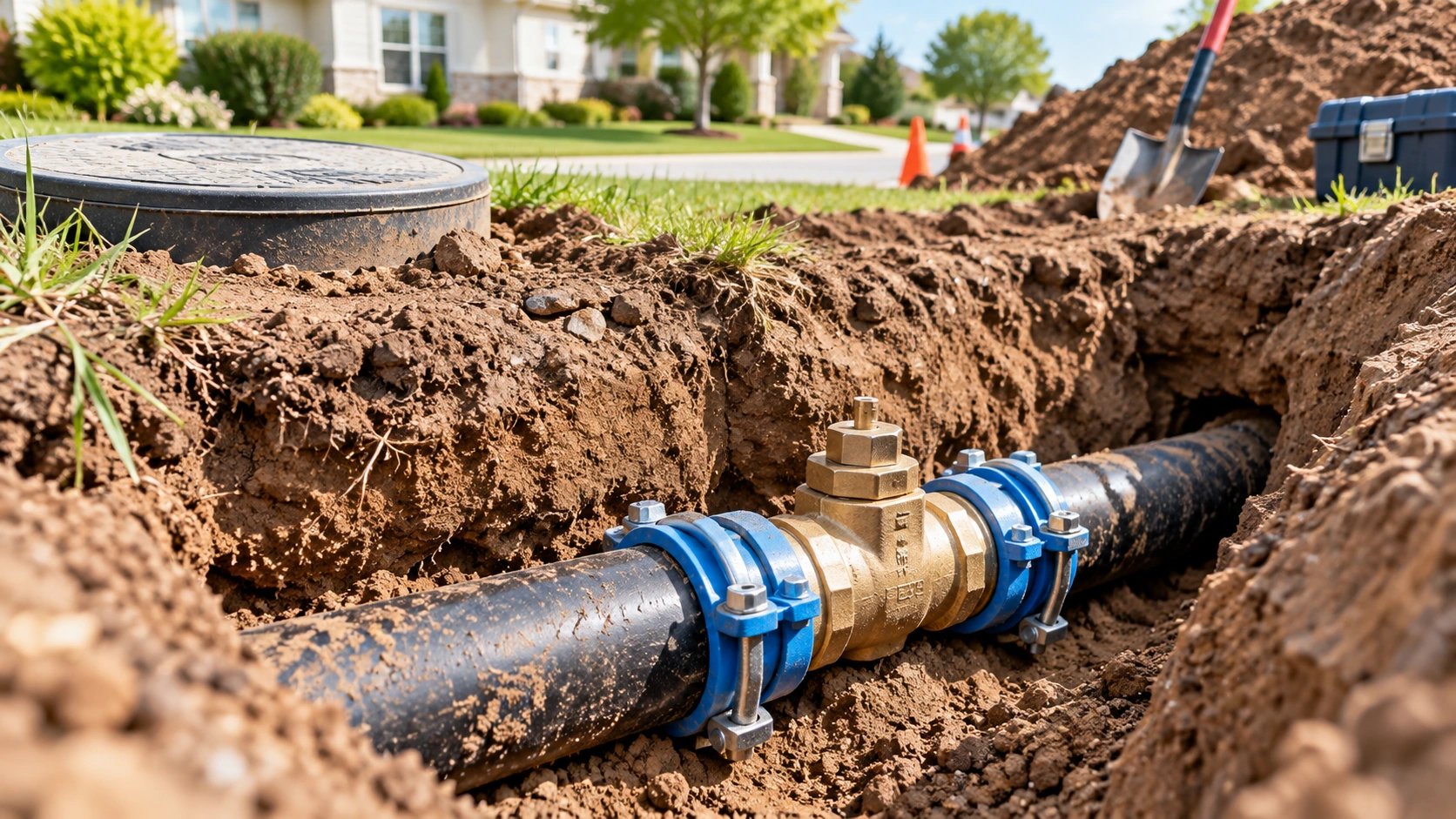 Buried residential main water line exposed in soil for plumbing repair