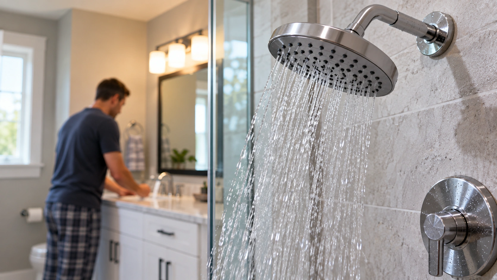 Residential showerhead running while household plumbing demand affects water pressure