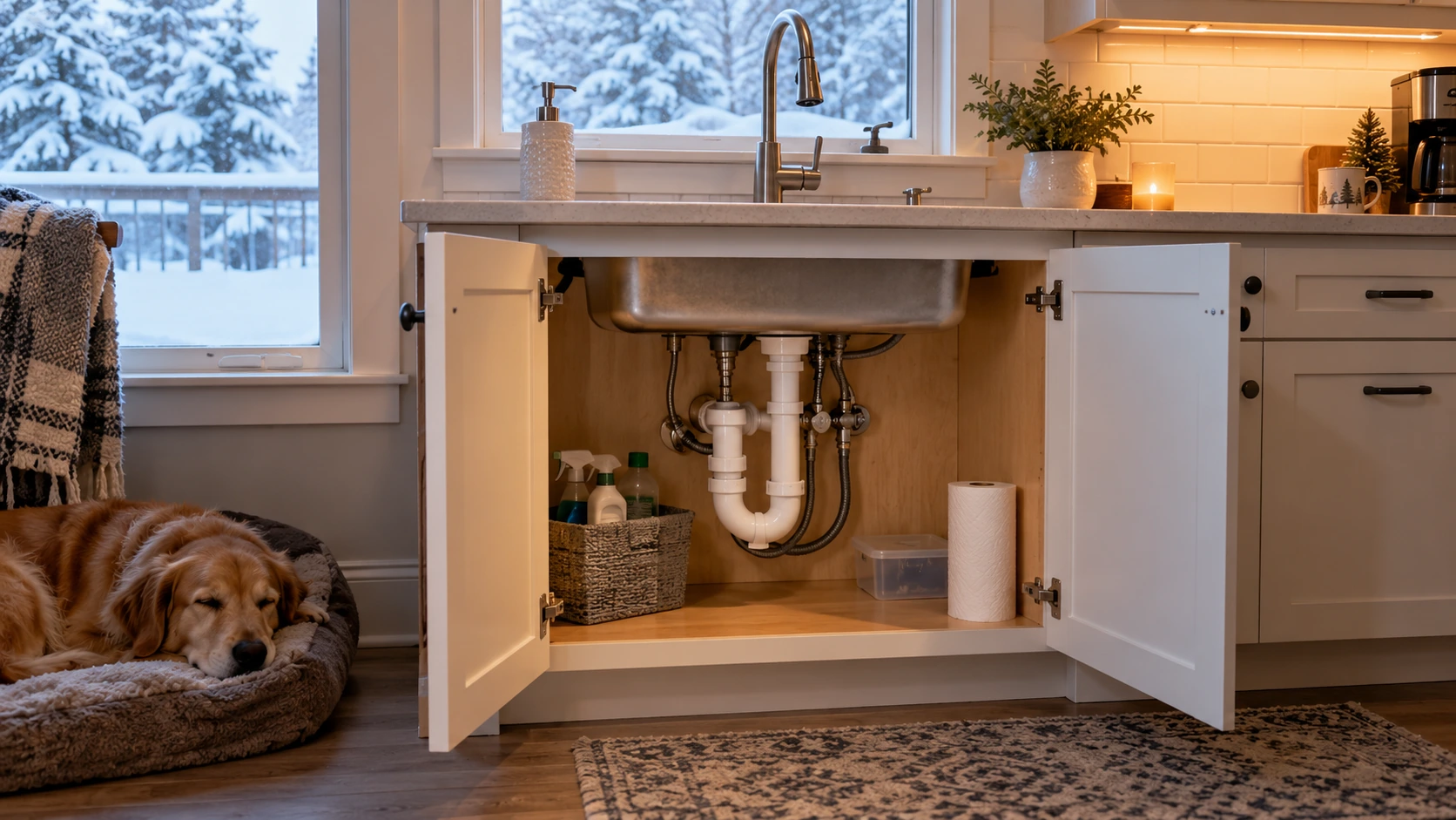 Open kitchen sink cabinet exposing plumbing during cold winter weather