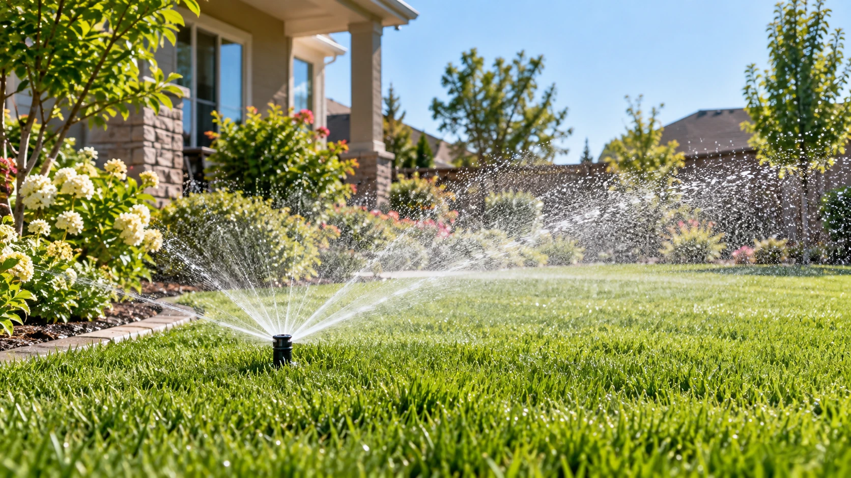 Lawn sprinkler watering a sunny suburban yard