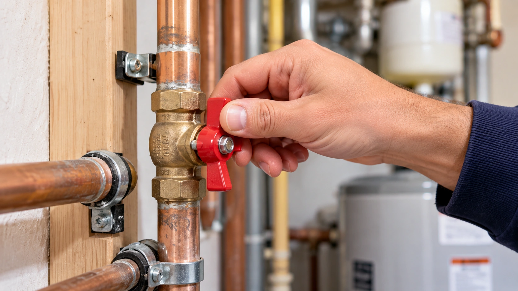 Hand adjusting a plumbing shutoff valve that can restrict household water pressure