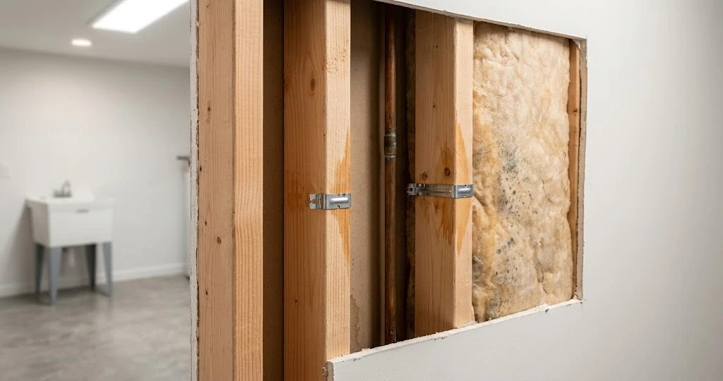 Side-by-side display of copper, PVC, PEX, and galvanized pipe samples.