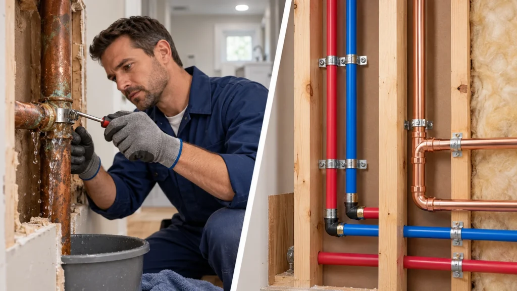 A plumber repairing a damaged pipe beside a newly installed plumbing system showing the difference between repair and replacement.