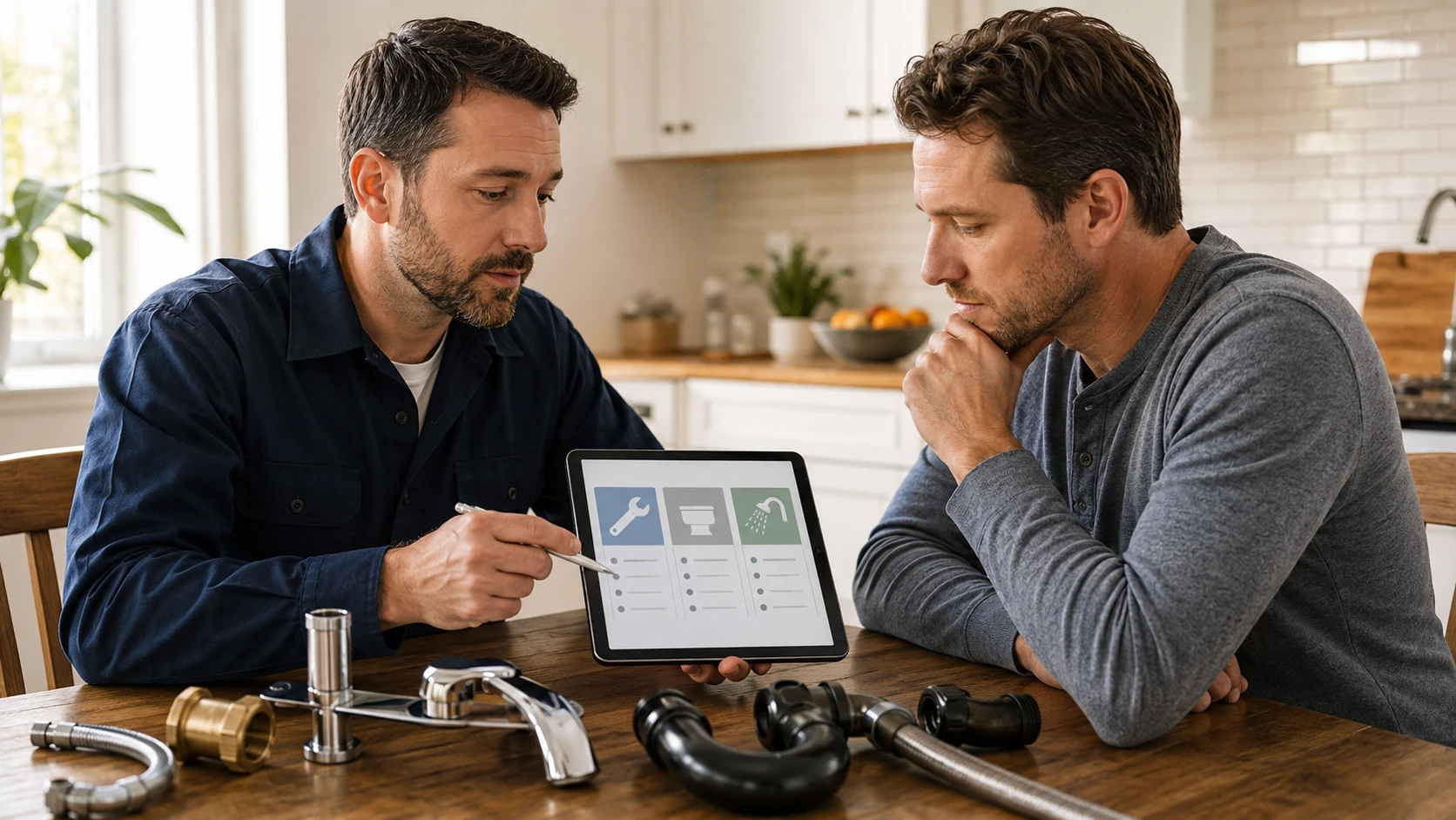 Plumber explaining plumbing repair, replacement, and upgrade options to a homeowner