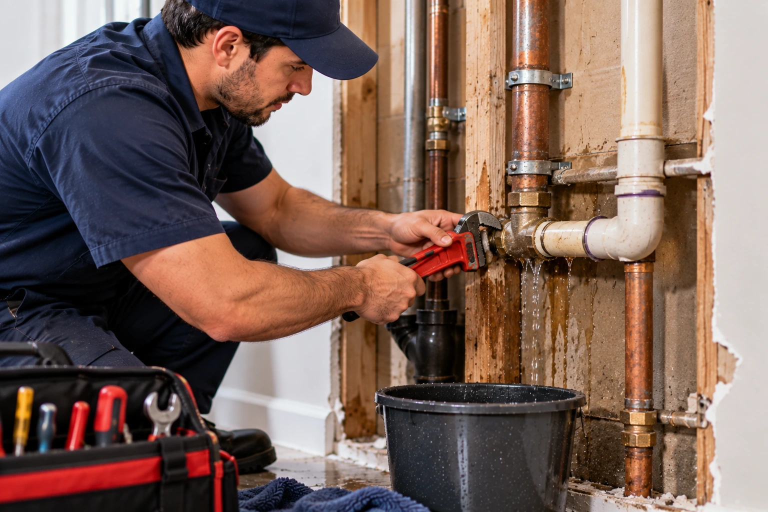 Plumber repairing poorly installed exposed plumbing inside an opened wall cavity