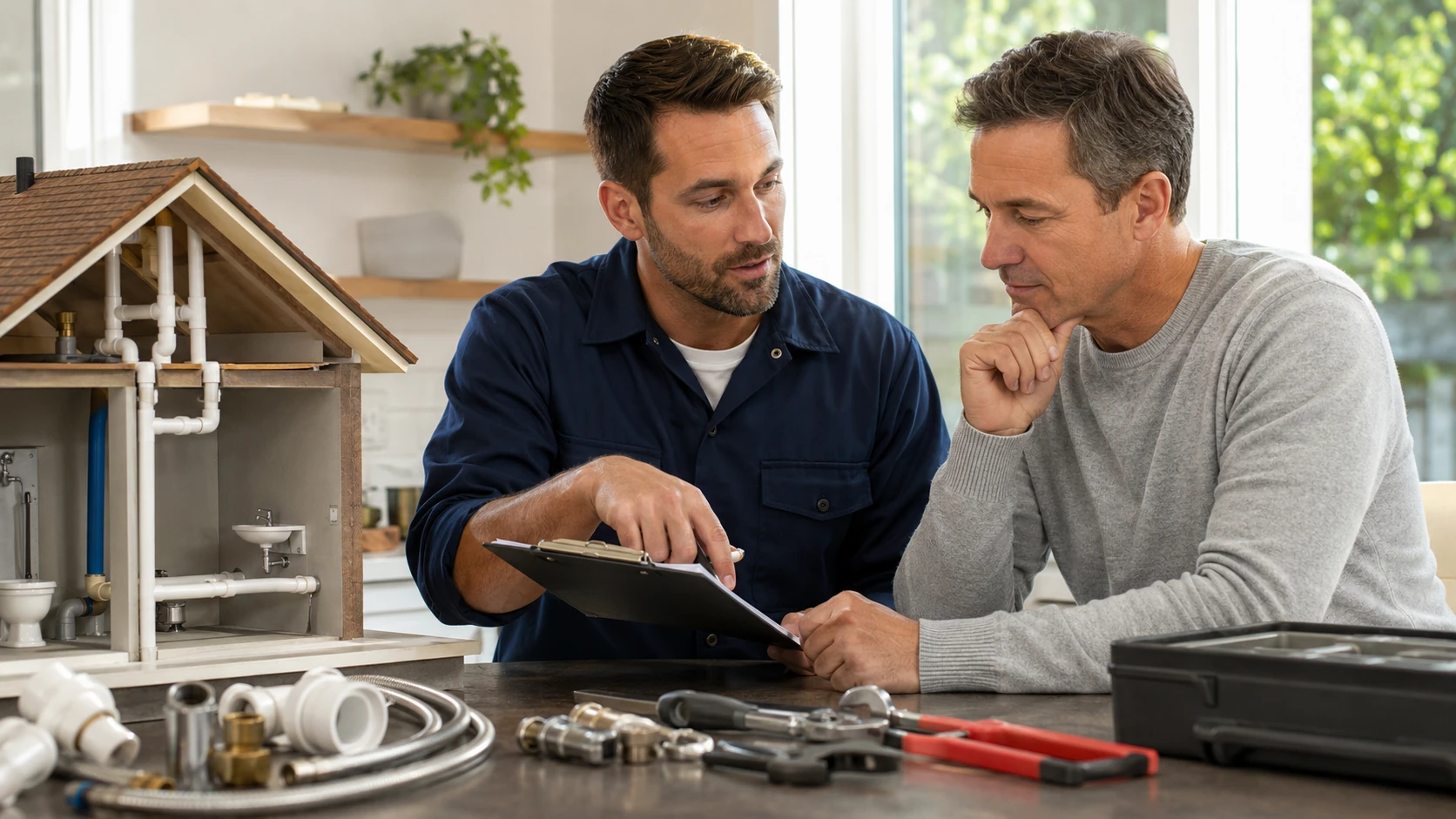 Homeowner and plumber reviewing a practical home plumbing plan with fixtures, pipes, and maintenance checklist