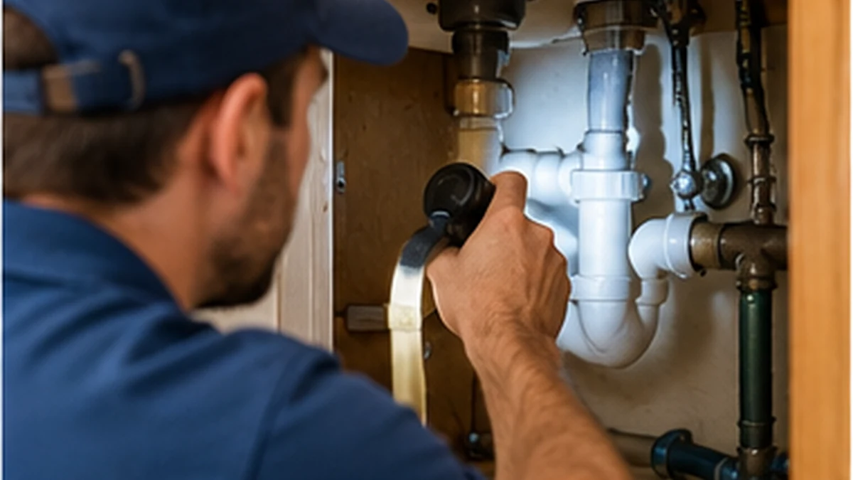 Plumber inspecting household plumbing beneath a sink