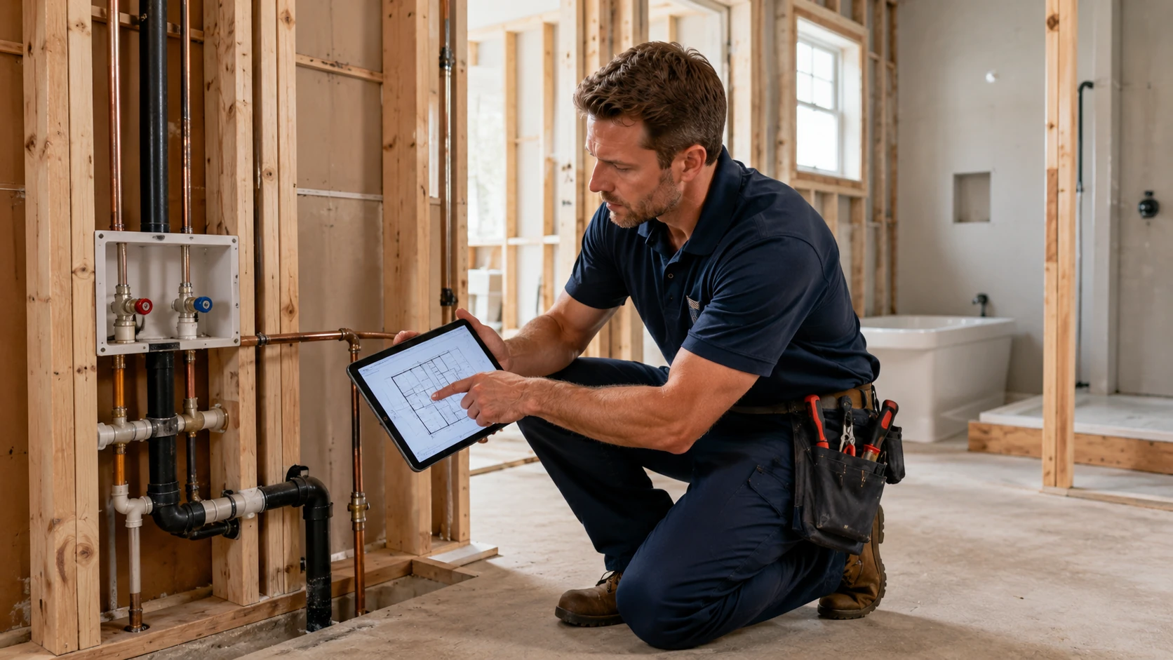 New plumbing installation in a home renovation with exposed piping and fixture layout planning