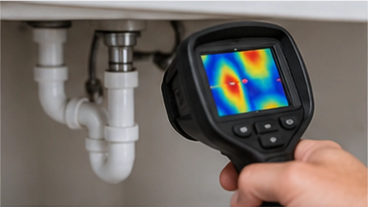 Plumber using thermal imaging equipment to detect a hidden water leak